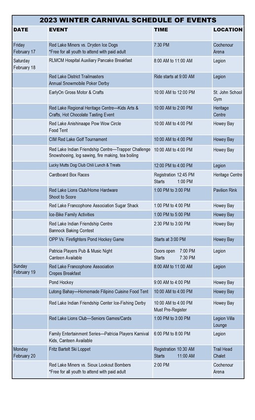 2023 Winter Carnival Schedule